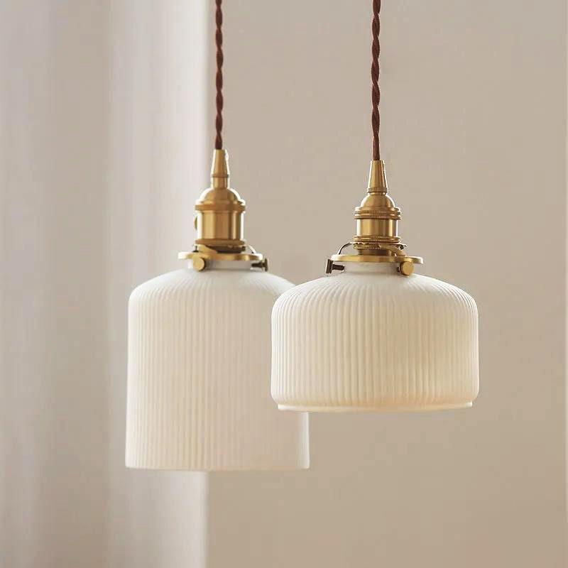 Hanaori | Japanese-Style Ribbed Ceramic Cylinder Pendant Light with LED Bulb Included | Knesse