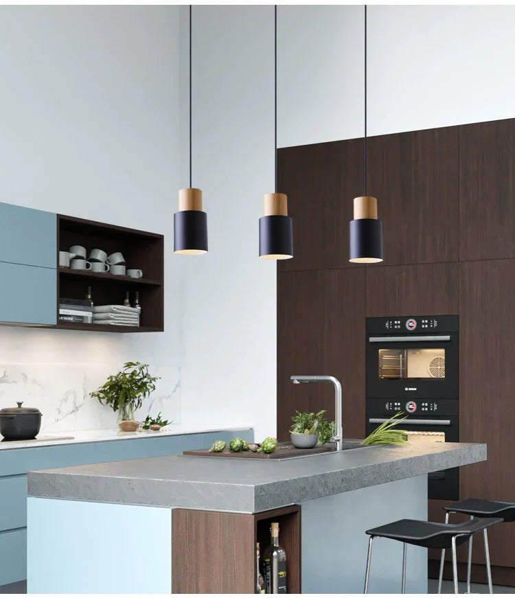 Marlen | Wood and Metal Cylindrical Pendant Light | Knesse