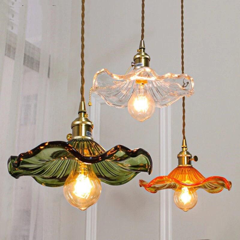 Calista Glass Hibiscus Flower Pendant Light in Vintage Style, LED Bulb Included | Knesse