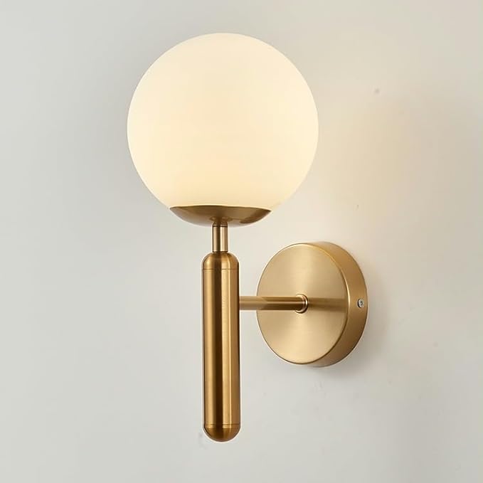 Kestrel Upright Milky Glass Ball LED Wall Sconce in Brushed Brass Finish, Mid-Century Modern Style | Knesse