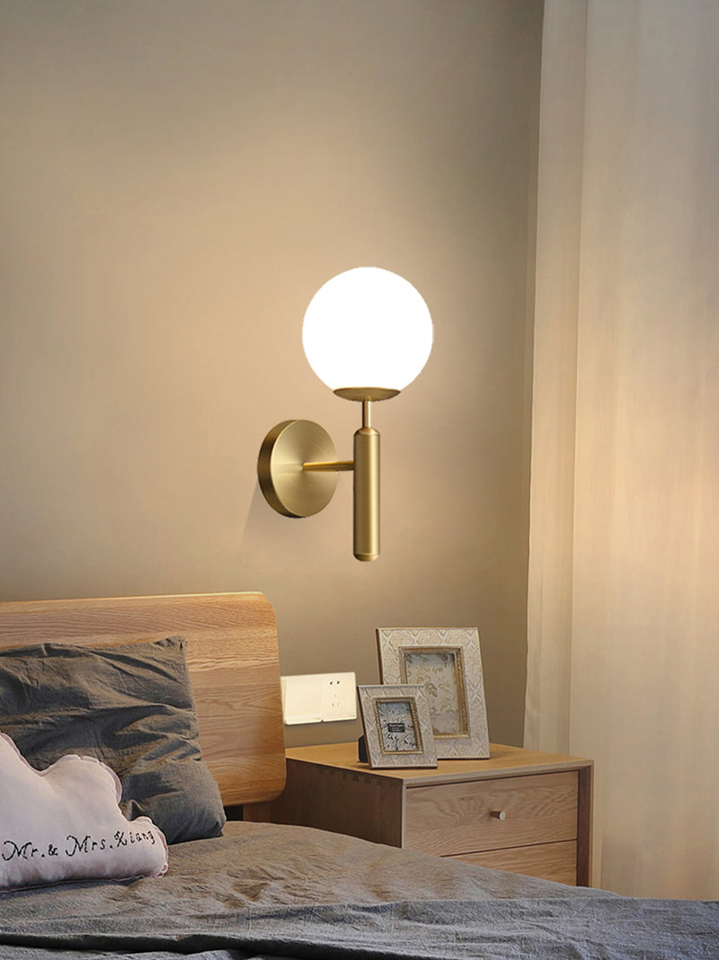 Kestrel Upright Milky Glass Ball LED Wall Sconce in Brushed Brass Finish, Mid-Century Modern Style | Knesse