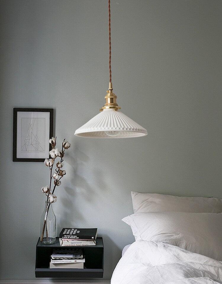 Kiyomi | Pleated Hat-Shaped Japanese Ceramic Pendant Lamp With LED Bulb Included | Knesse