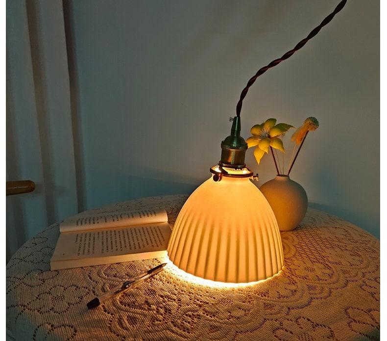 Kazumi | Ribbed Ceramic LED Pendant Light in Japanese Pleated Cup Shape, Bulb Included | Knesse