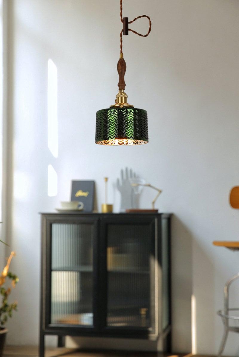 Liora | Glossy Green Glass Cylindrical Pendant Light in Art Deco Style, LED Bulb Included | Knesse