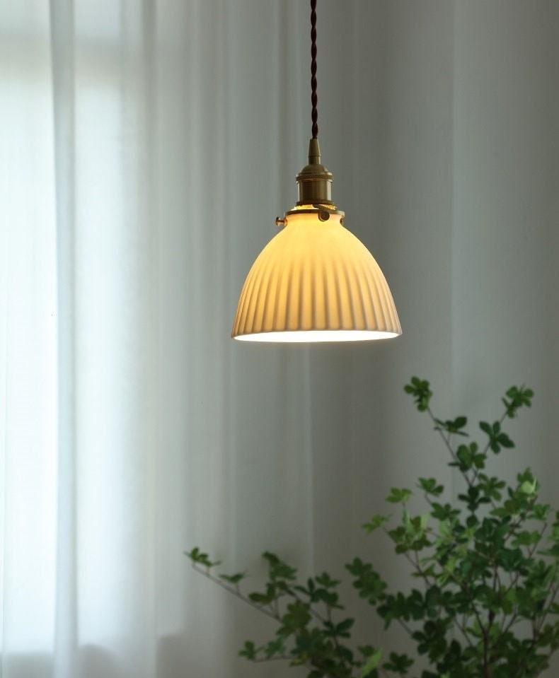 Kazumi | Ribbed Ceramic LED Pendant Light in Japanese Pleated Cup Shape, Bulb Included | Knesse