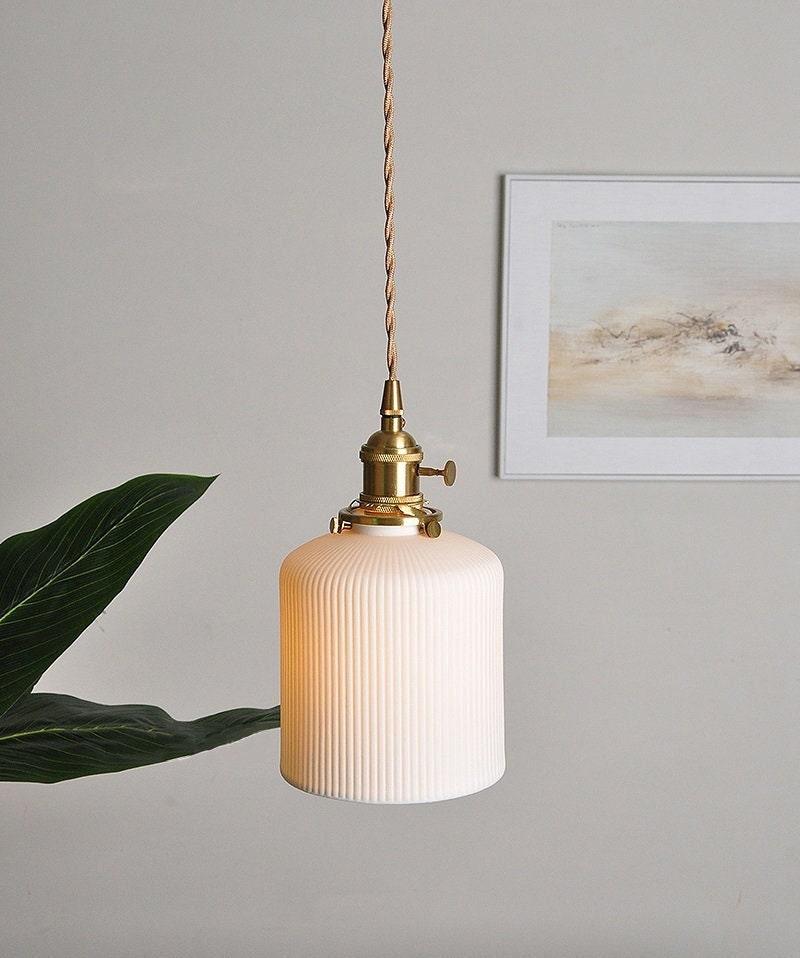 Hanaori | Japanese-Style Ribbed Ceramic Cylinder Pendant Light with LED Bulb Included | Knesse