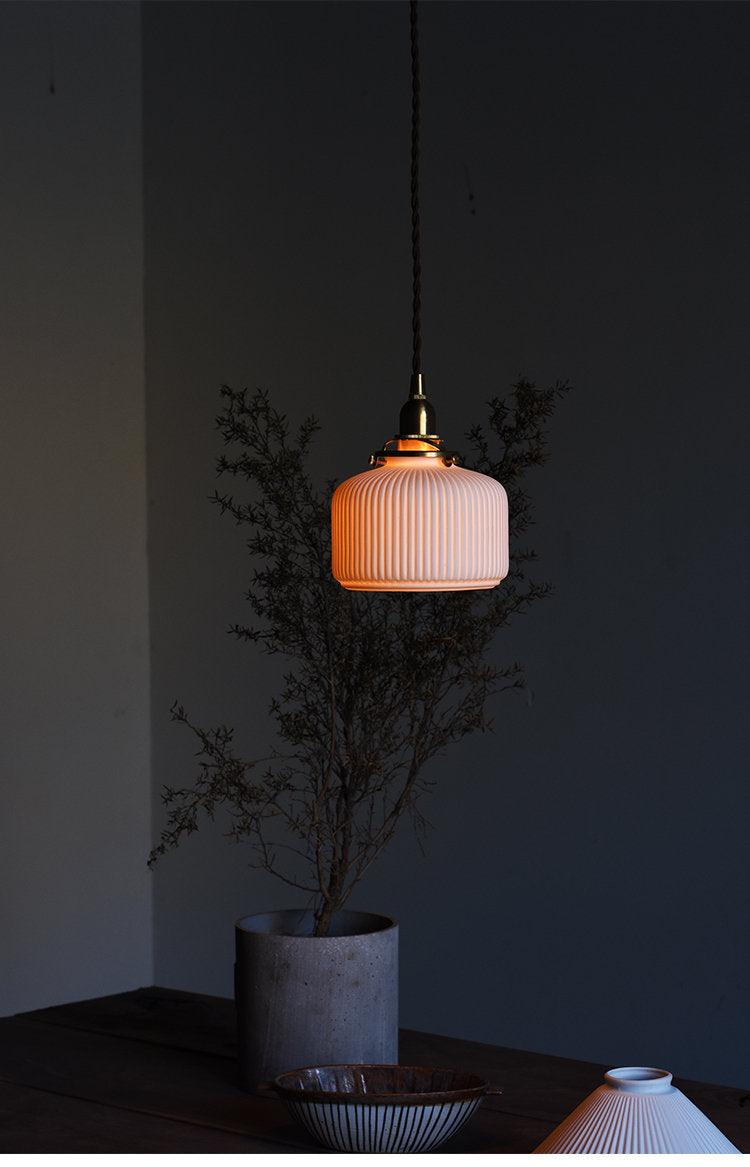 Kazumi | Ribbed Ceramic LED Pendant Light in Japanese Pleated Cup Shape, Bulb Included | Knesse