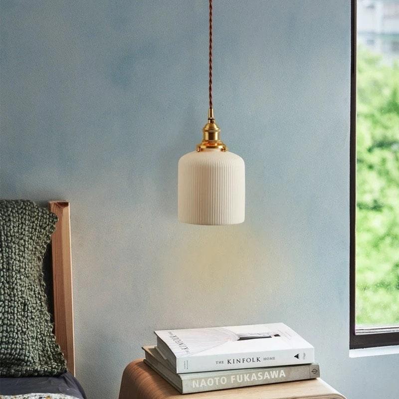 Hanaori | Japanese-Style Ribbed Ceramic Cylinder Pendant Light with LED Bulb Included | Knesse