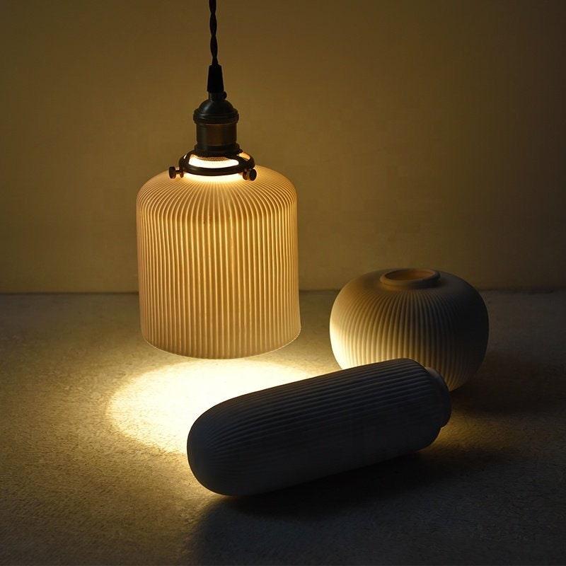 Hanaori | Japanese-Style Ribbed Ceramic Cylinder Pendant Light with LED Bulb Included | Knesse