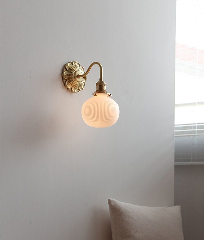 Lumiara | Ribbed Ceramic Globe Wall Sconce With Brushed Brass Carved Floral Detail, Bulb Included | Knesse