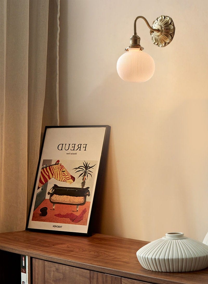 Lumiara | Ribbed Ceramic Globe Wall Sconce With Brushed Brass Carved Floral Detail, Bulb Included | Knesse