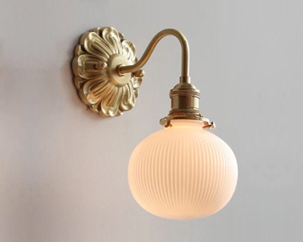 Lumiara | Ribbed Ceramic Globe Wall Sconce With Brushed Brass Carved Floral Detail, Bulb Included | Knesse