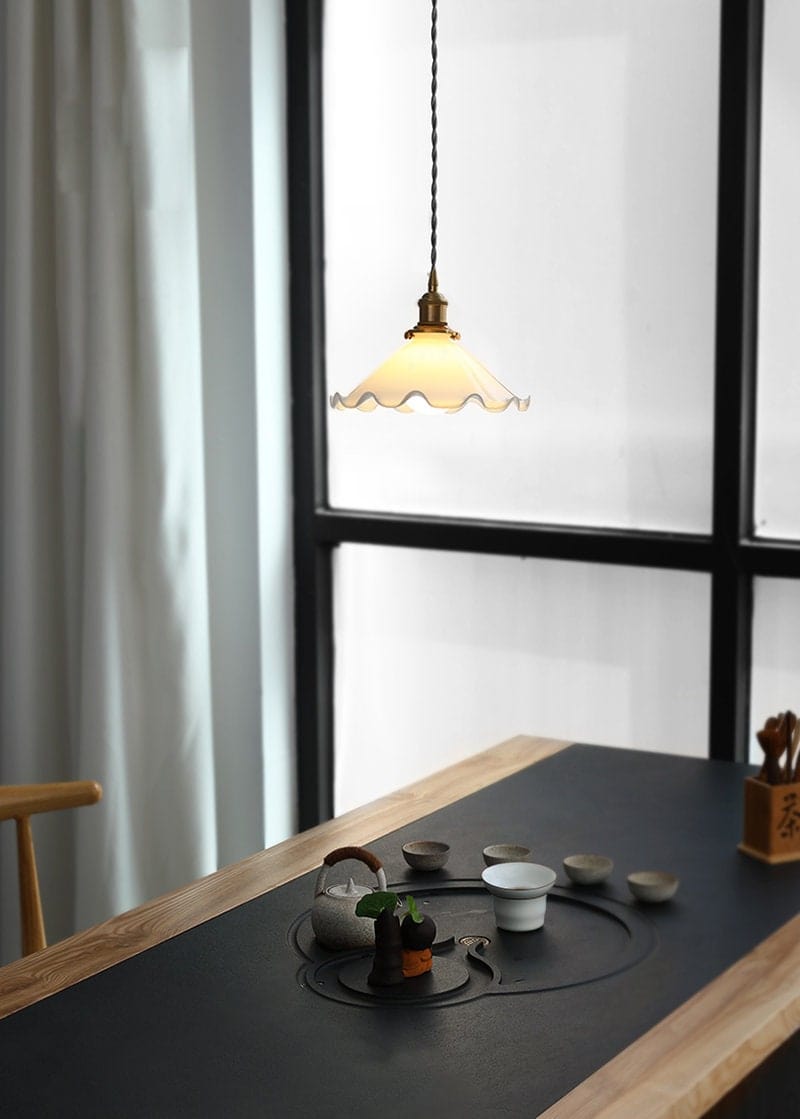 Alvara Vintage White Opaline Glass Flower LED Pendant Light With Brushed Brass Lamp Holder, Bulb Included | Knesse