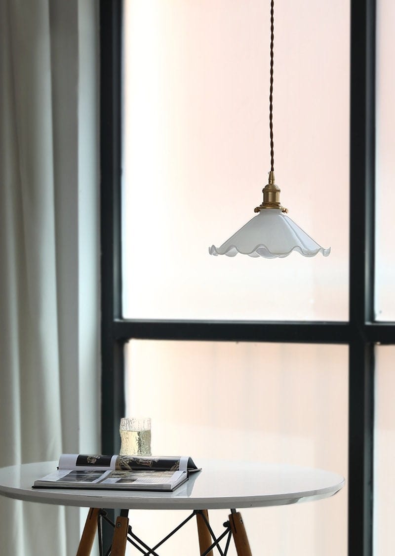 Alvara Vintage White Opaline Glass Flower LED Pendant Light With Brushed Brass Lamp Holder, Bulb Included | Knesse